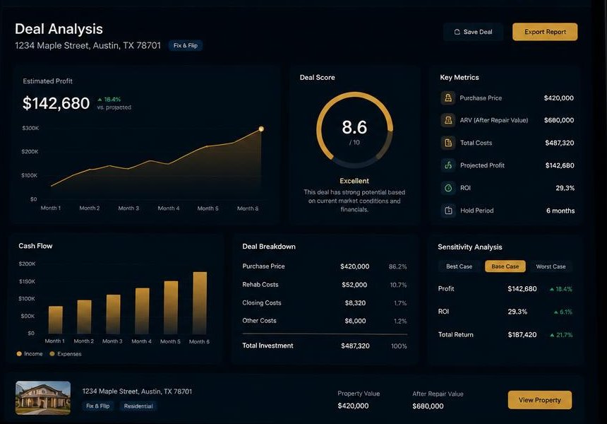 AssetUpside deal analysis with profit chart, deal score and key metrics